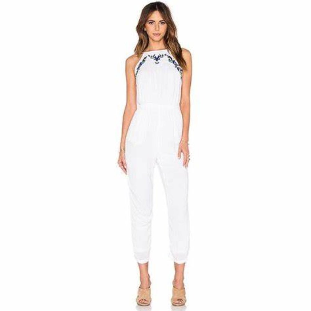 LOVERS + FRIENDS Lark White Gauze Embroidered Open Back Jumpsuit M NWT